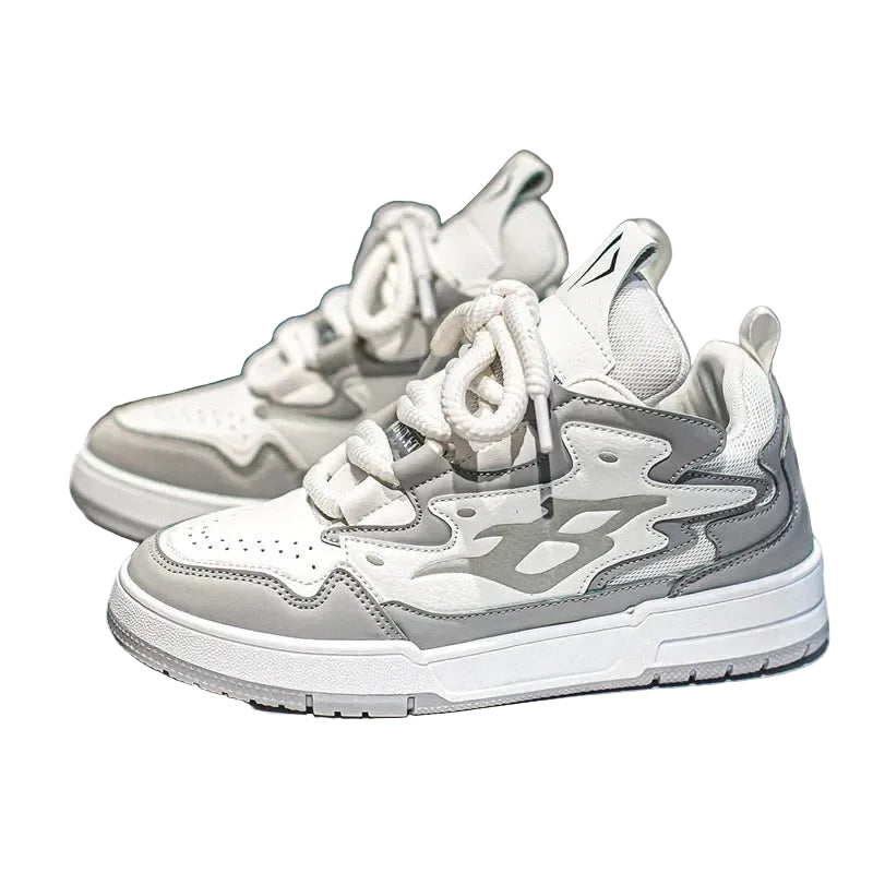 Top view of men’s retro gray and white low-top sneakers
