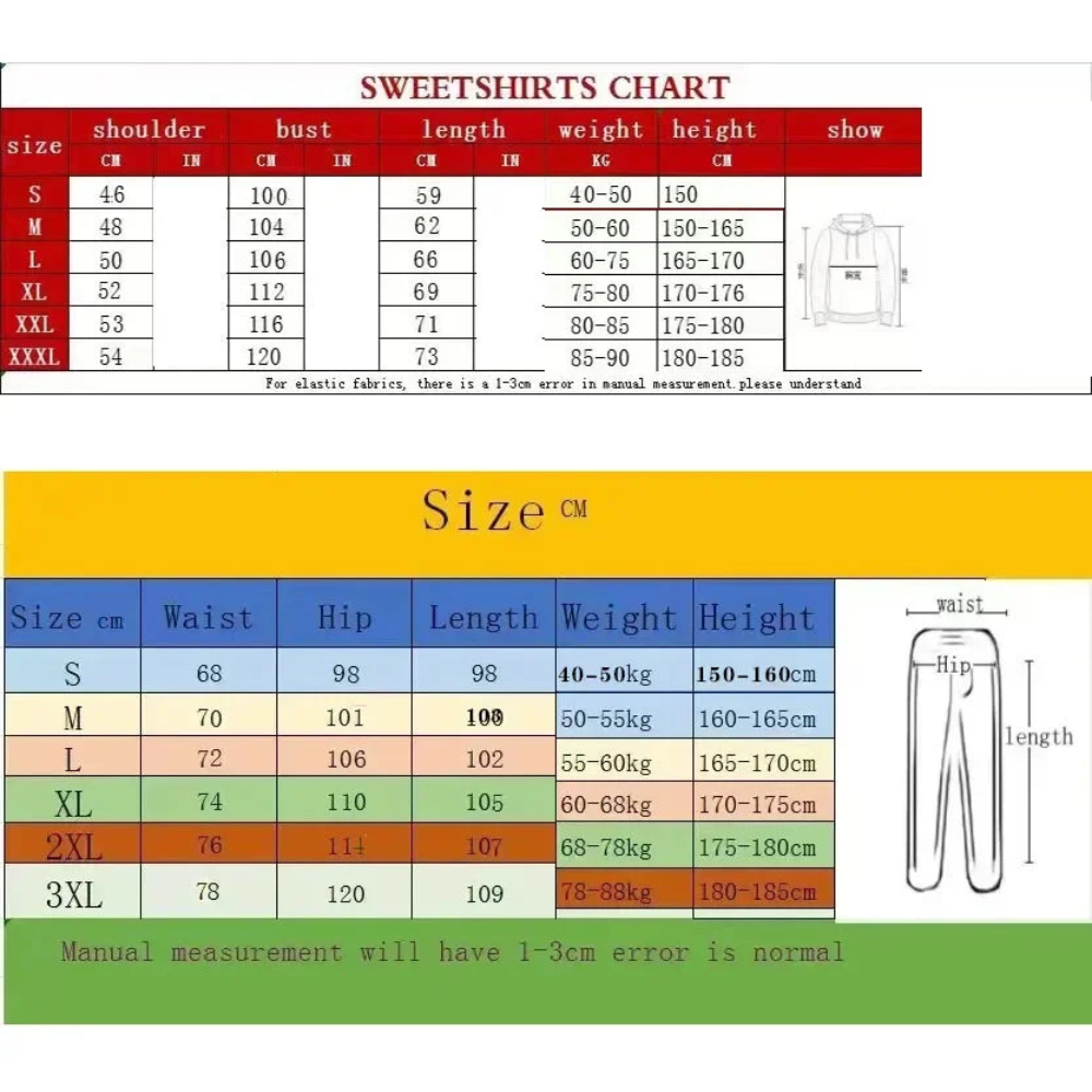 A size measurement chart for sweetshirts, showing a size table with columns for size, shoulder, bust, length, weight, and height in centimeters and kilograms.