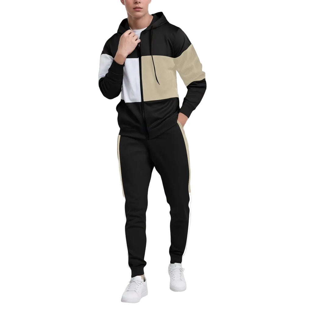 Men’s plus size two-piece tracksuit set in navy and beige color block design