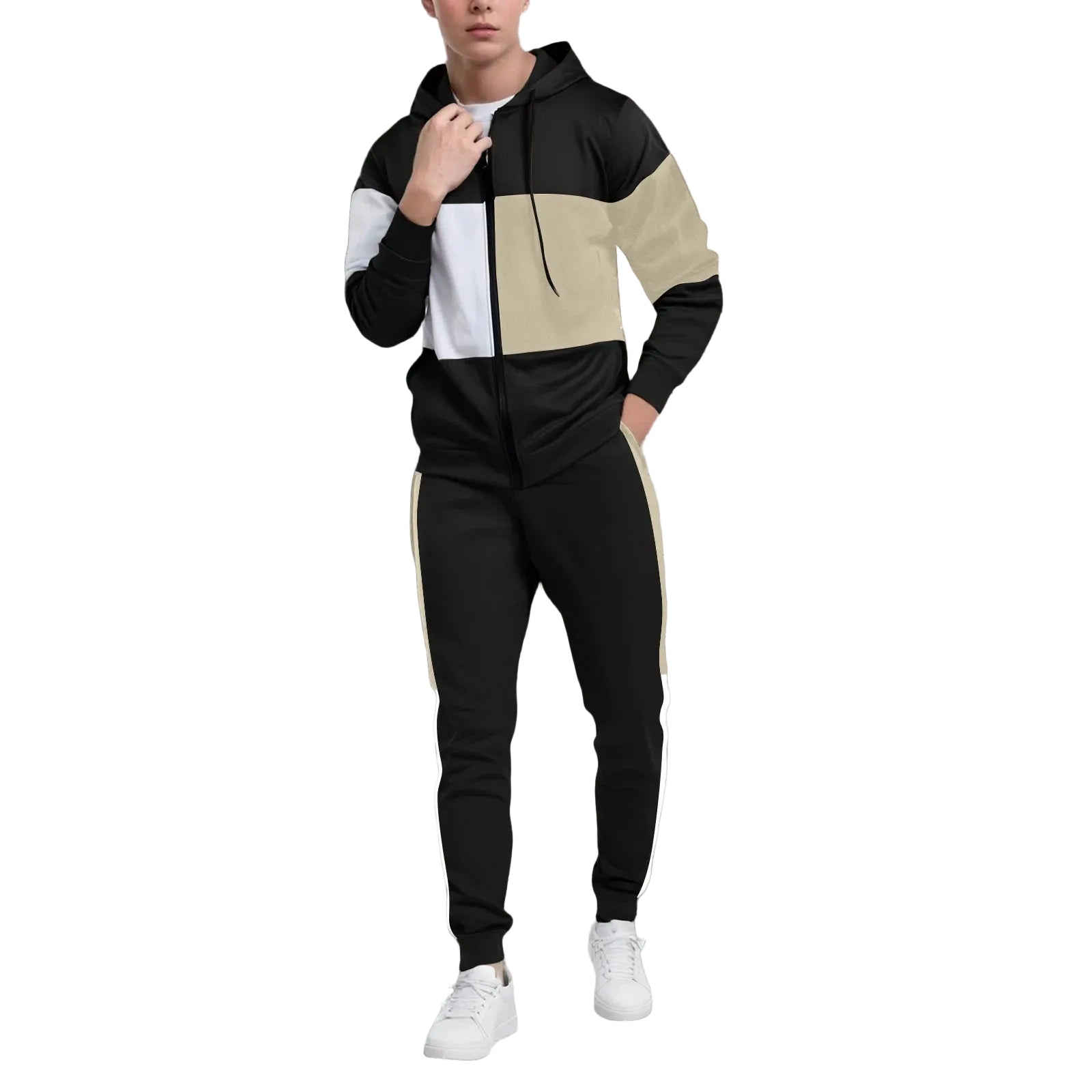 Men’s plus size two-piece tracksuit set in navy and beige color block design