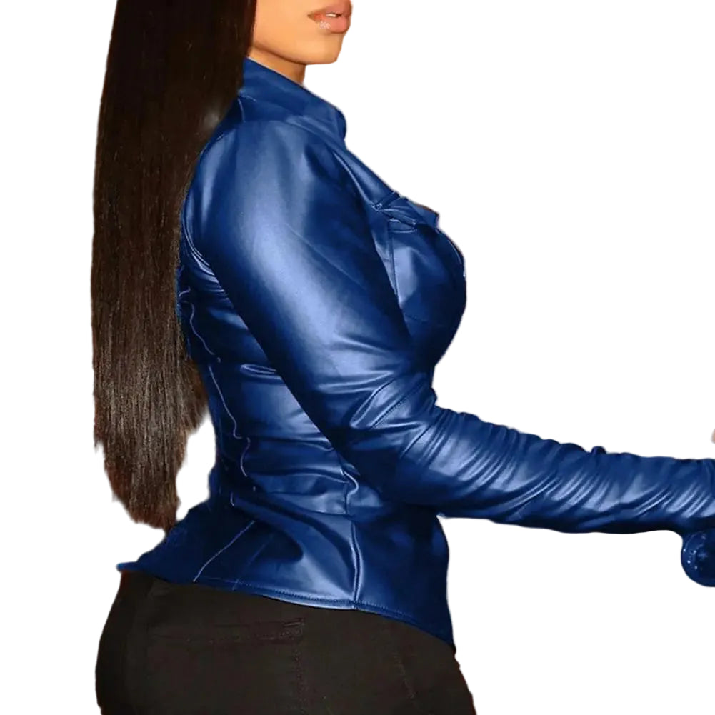 Women’s PU leather V-neck streetwear blouse in burgundy loose fit