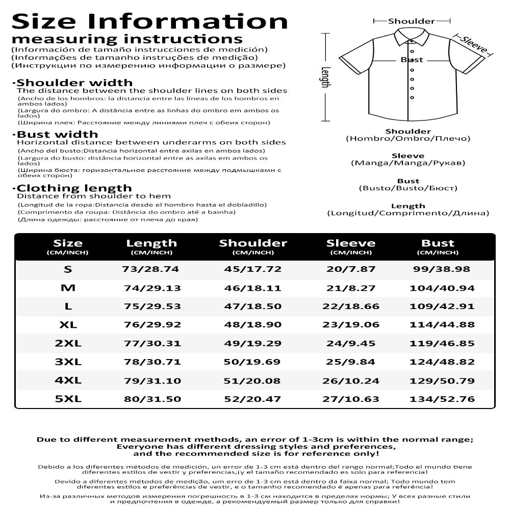 Size chart for shirts with measurements in centimeters and inches.