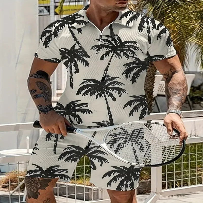 A man wearing a geometric patterned casual beach shorts set with a polo shirt and short-sleeves, standing near a pool.