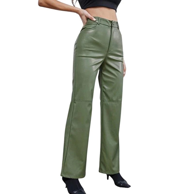 Stylish Vegan Leather Wide Leg Pants – High-waisted, trendy, and comfortable faux leather trousers for a chic look.