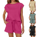 Woman wearing a pink romper with additional views of different colored rompers.