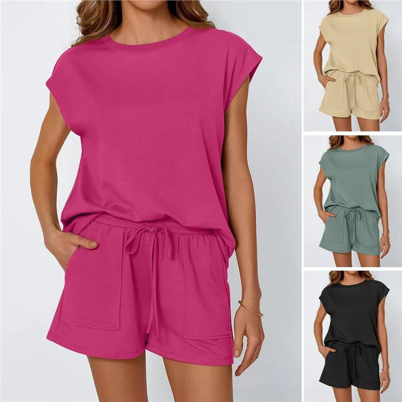 Woman wearing a pink romper with additional views of different colored rompers.