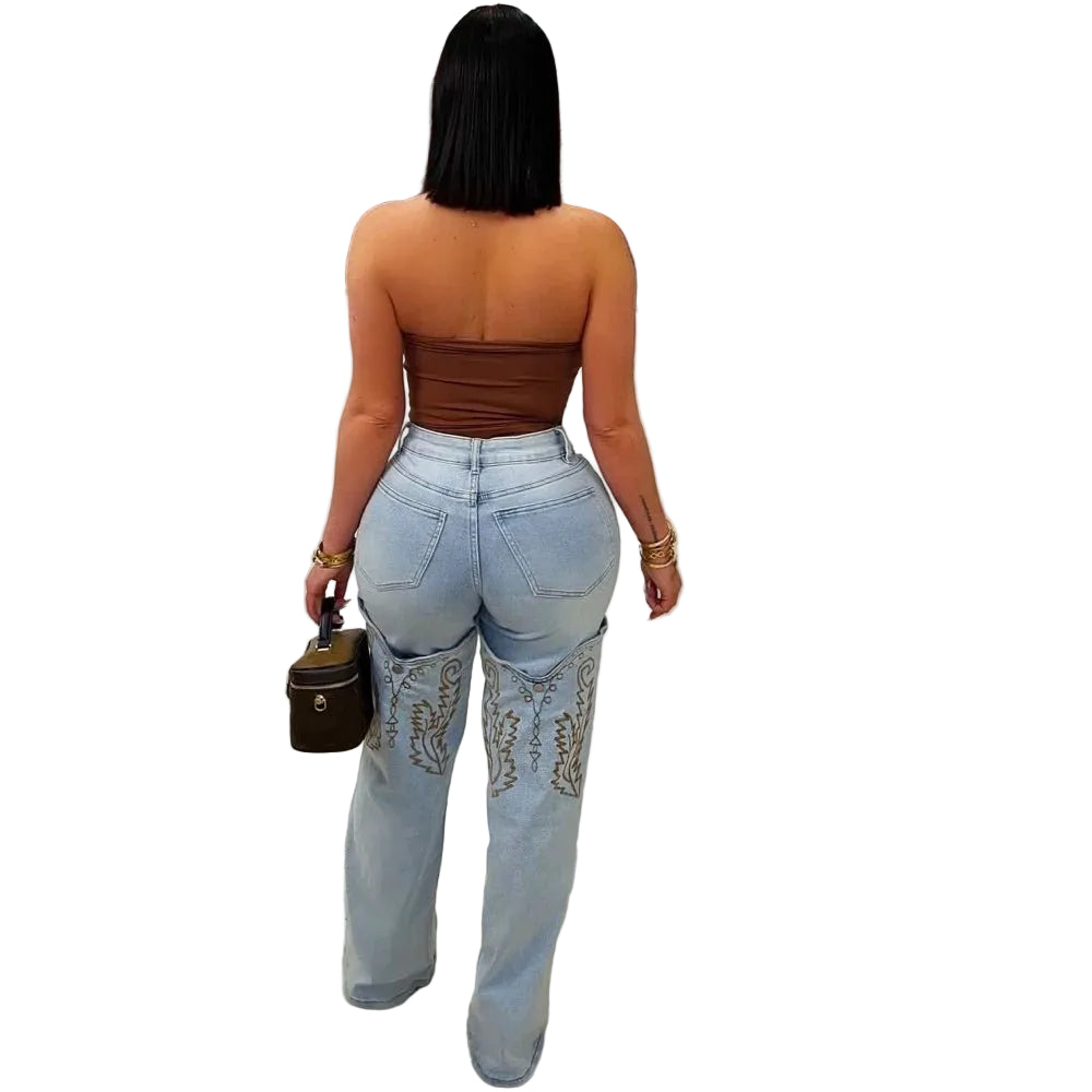 High waist straight leg jeans for women back view vintage embroidered denim