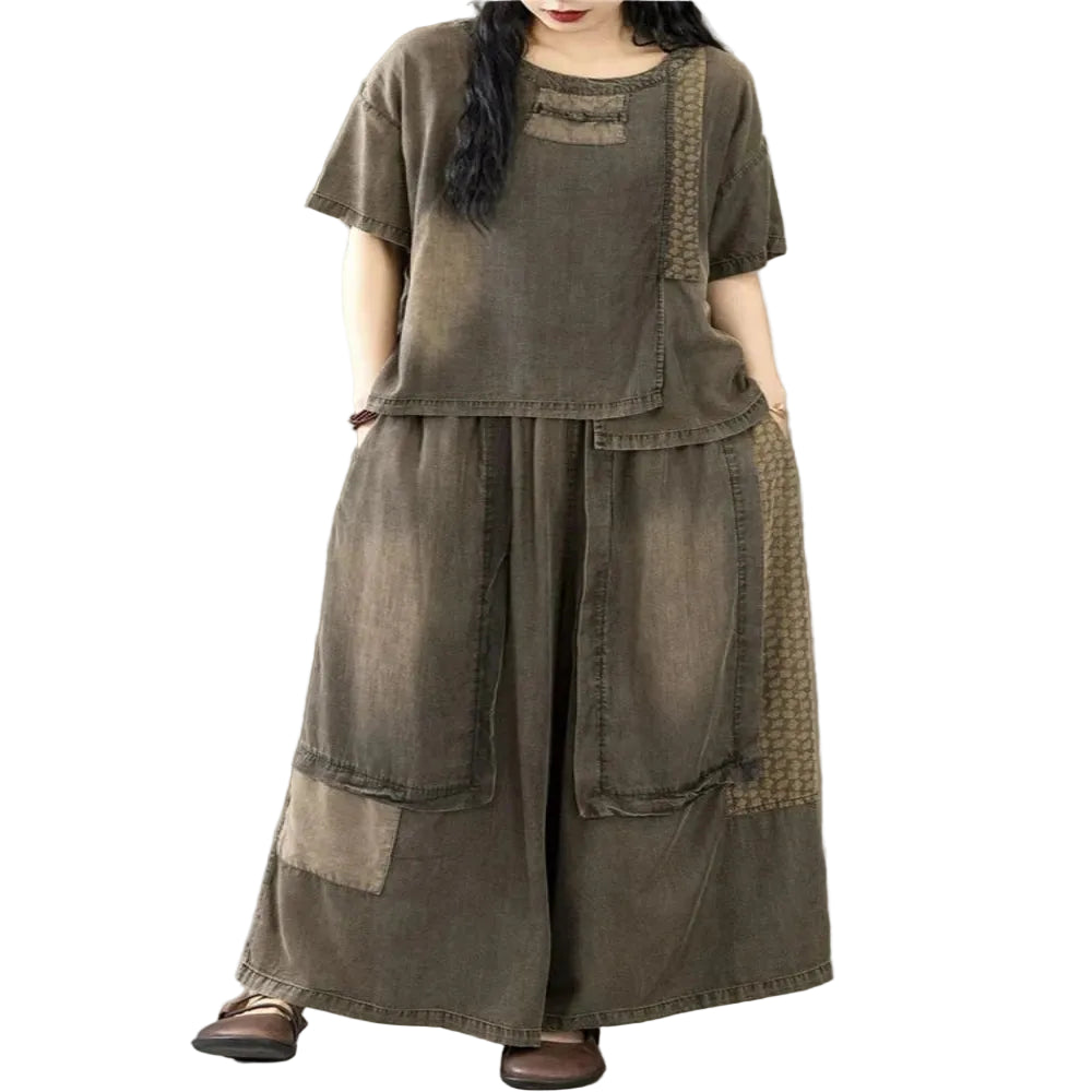 Vintage Two-Piece Set in Black – Relaxed O-Neck Top & Wide Leg Jeans for Women