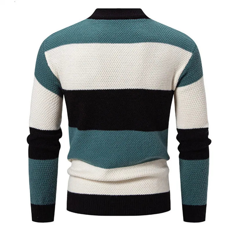 Men's teal, white and black patchwork cable knit mock neck sweater