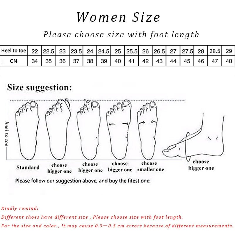Shoe size chart for women with foot length measurements and suggestions.