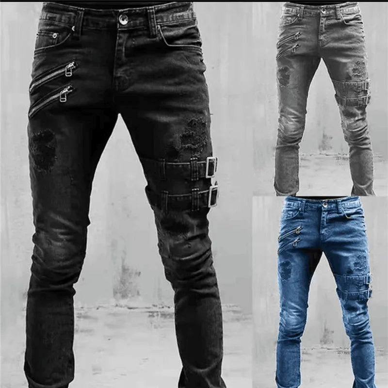 Men's Harajuku Techwear Skinny Jeans with Y2K punk design in black stretch denim