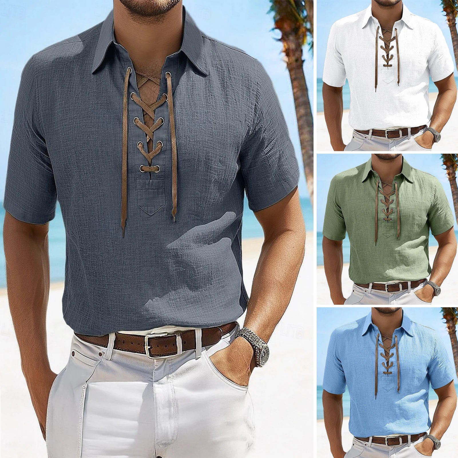 Collage of men wearing short-sleeve shirts with lace-up details on a beach.
