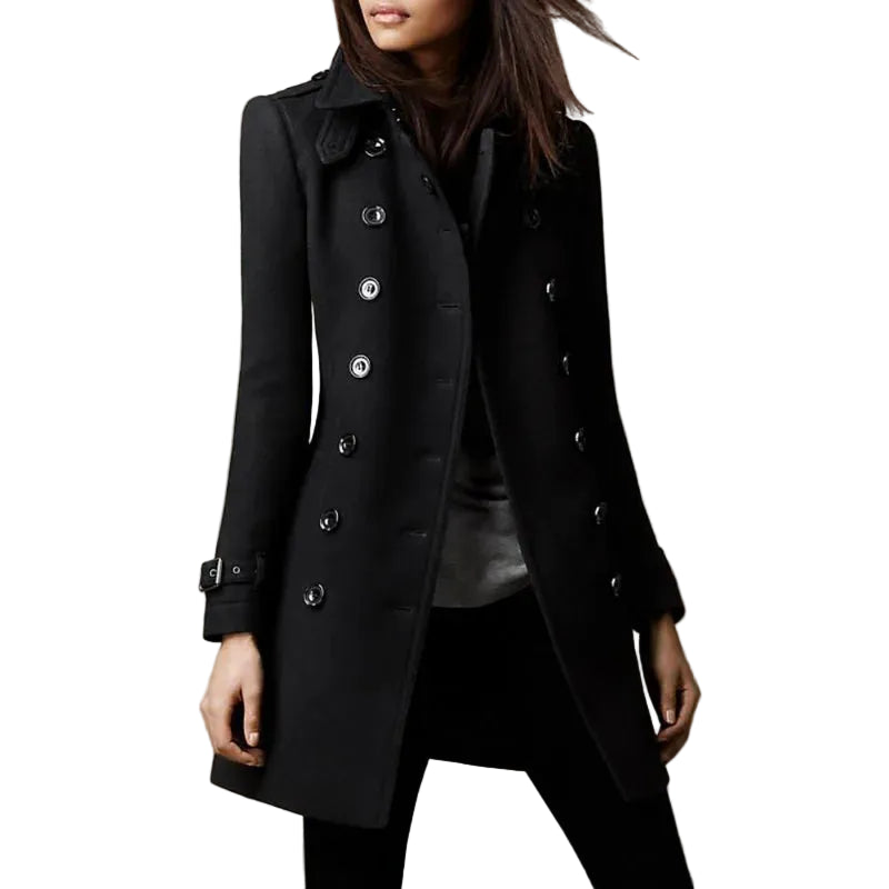 Black coat worn by a person on a beige background