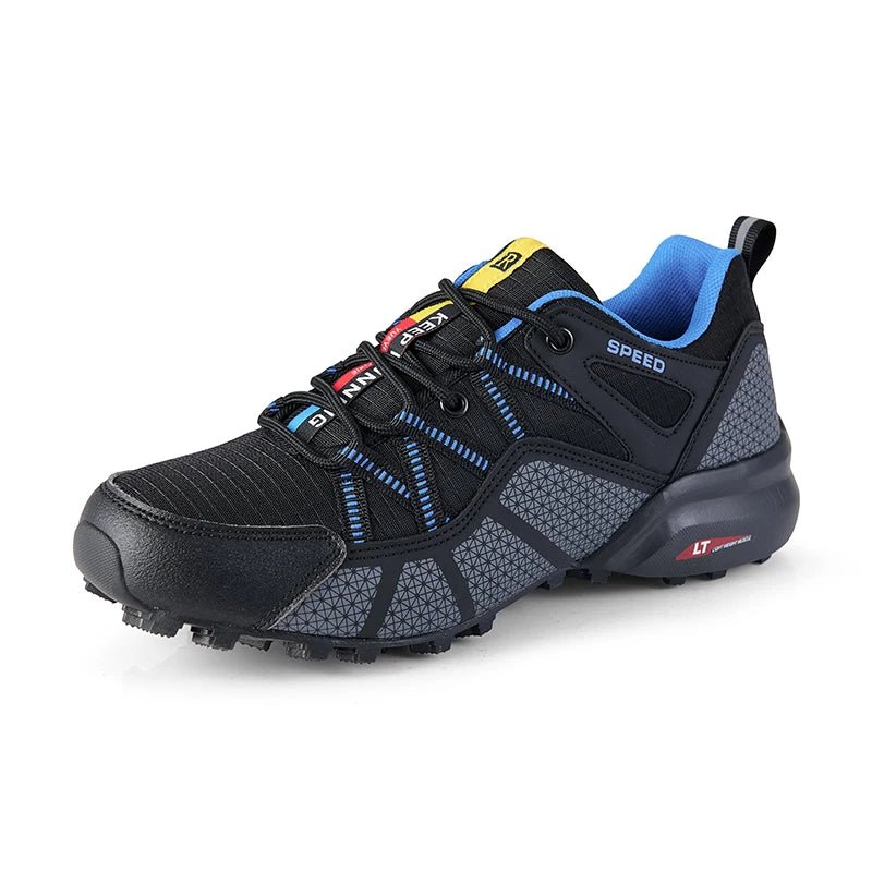 Outdoor trail sneakers for walking and light hiking, black and gray design with blue accents and anti-slip sole