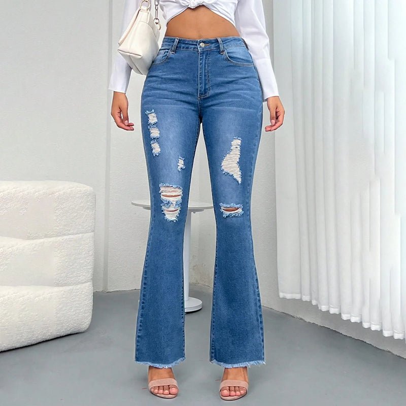 Women’s Stretchy Flare Jeans – High Waist Ripped Casual Denim Pants - CasualFlowshop