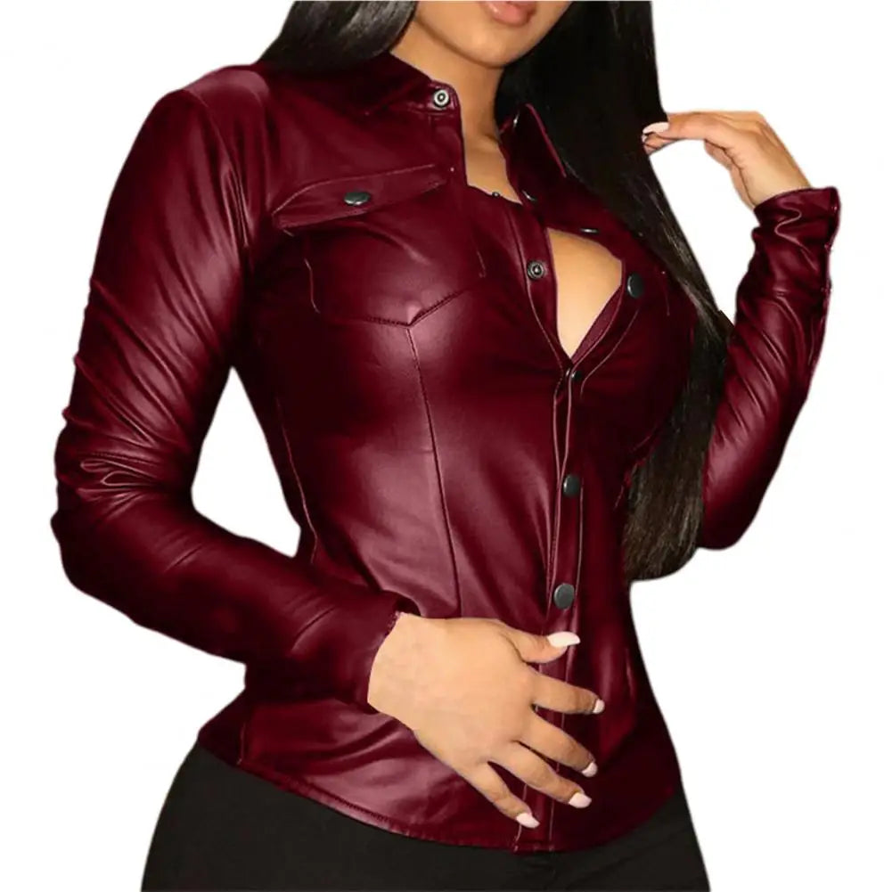 Women’s PU leather V-neck streetwear blouse in burgundy loose fit