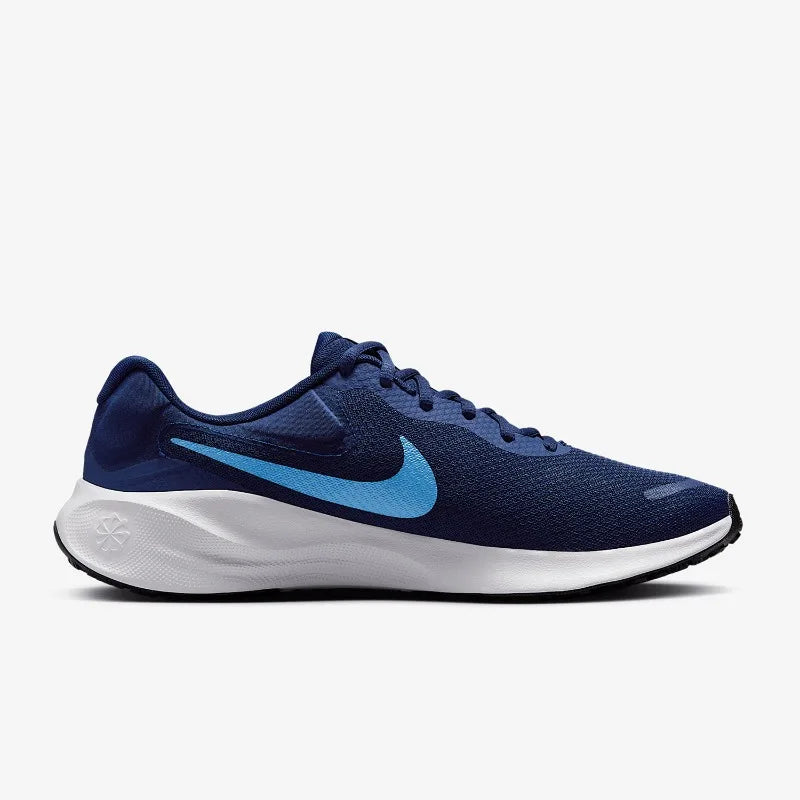 Men's navy blue Nike low-top sneakers with turquoise Swoosh and white midsoles, style FB2207-406.