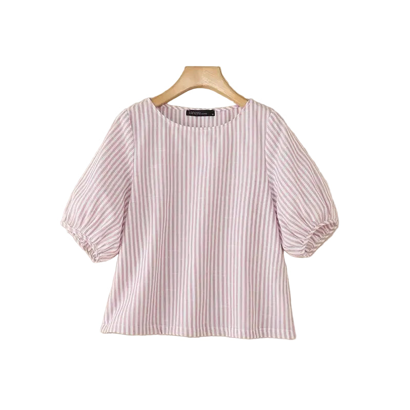 Women's blue striped O-neck short sleeve blouse on hanger – casual summer top