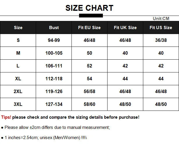 Size chart for clothing measurements in centimeters, EU, UK, and US sizes.