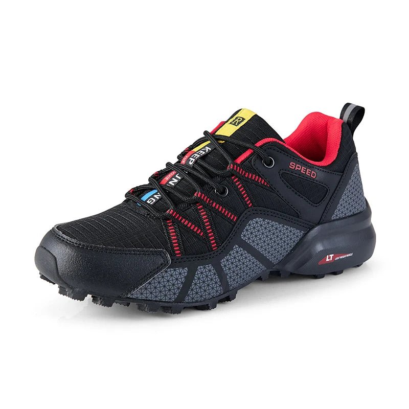 Outdoor trail sneakers for walking and light hiking, black and gray design with blue accents and anti-slip sole