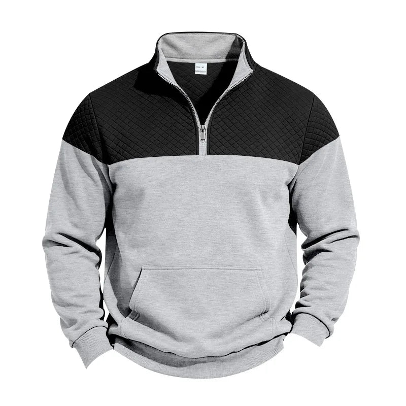 Men’s colorblock quilted-texture half-zip sweatshirt with stand collar and kangaroo pocket