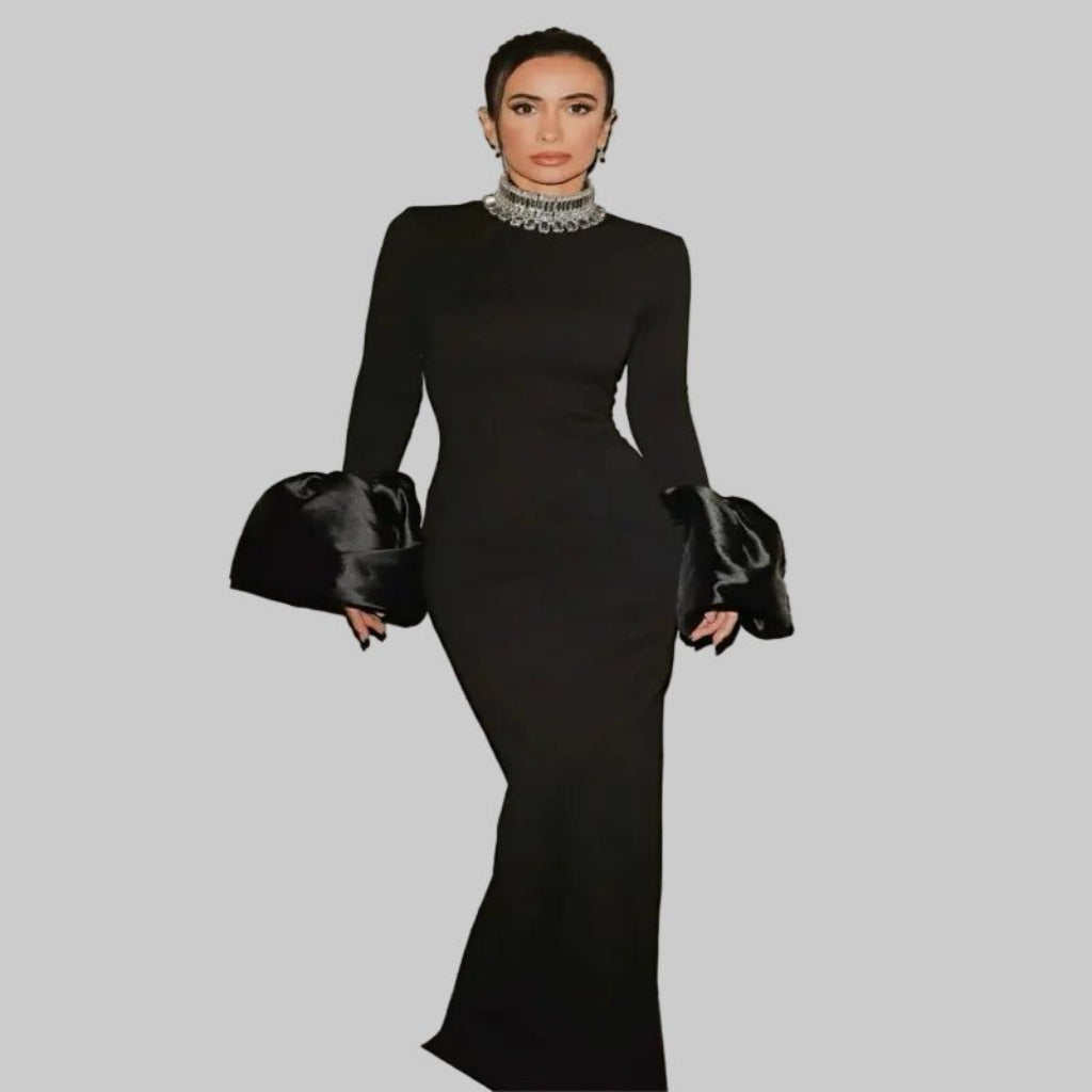 Women's black formal evening dress back view elegant long silhouette