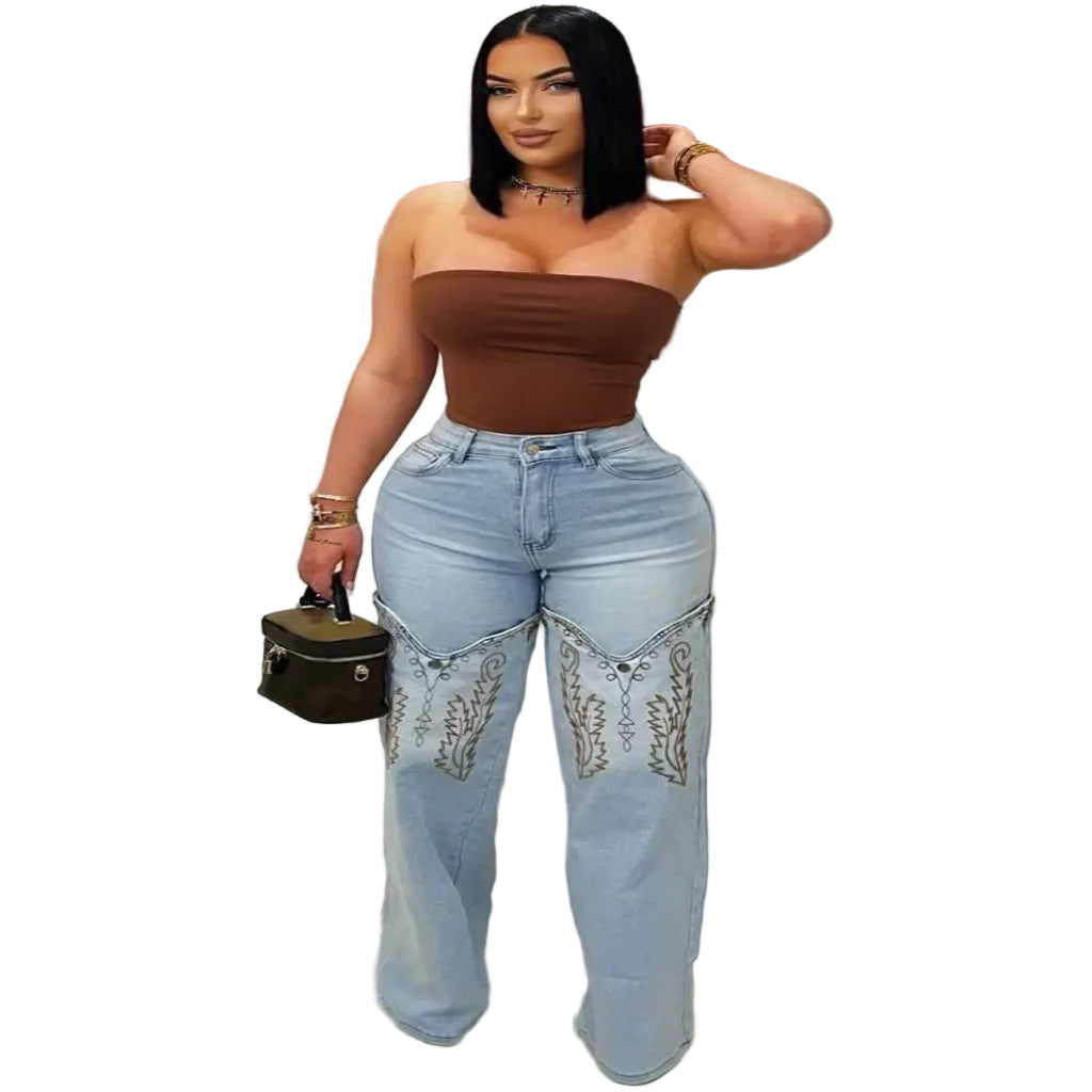 Women's high waist straight leg jeans front view embroidered denim pants