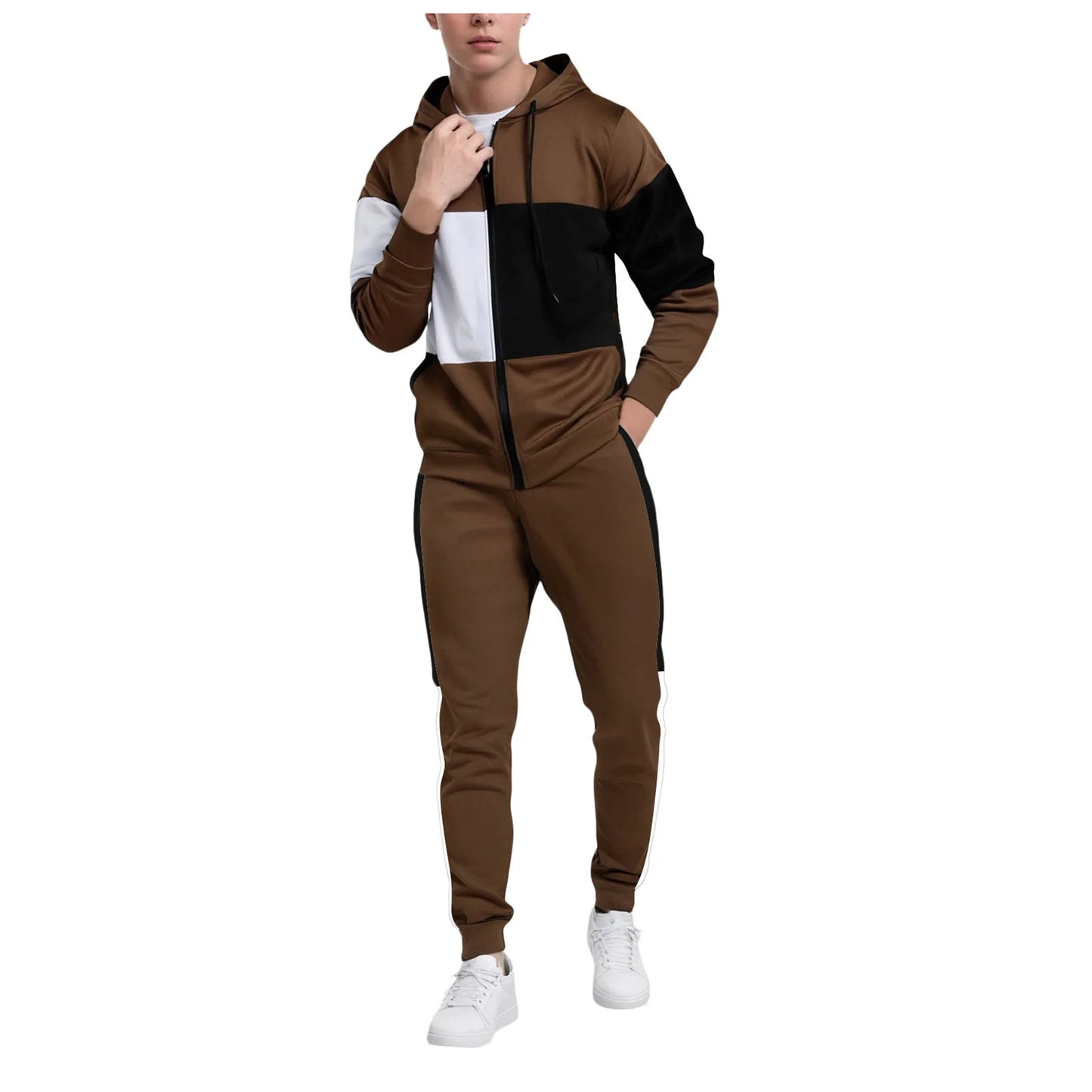 Men’s plus size two-piece tracksuit set in navy and beige color block design