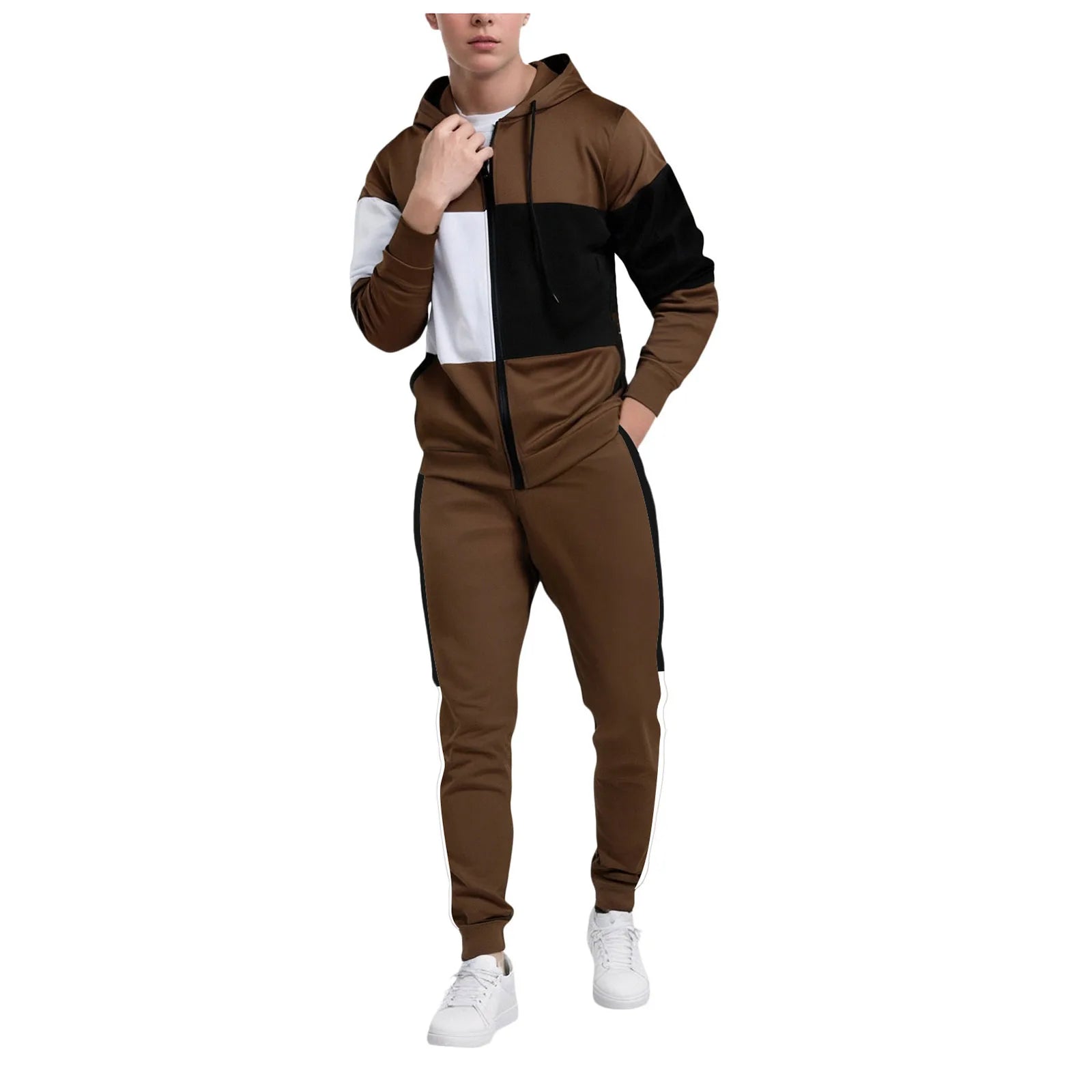 Men’s plus size two-piece tracksuit set in navy and beige color block design