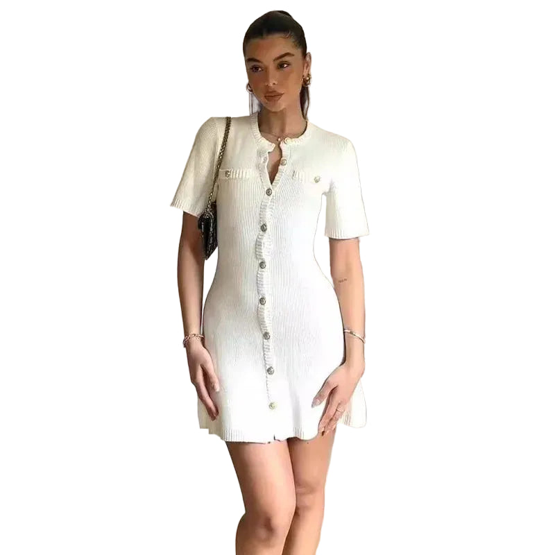 Rib Knit Mini Dress in White Color - At Casualflowshop