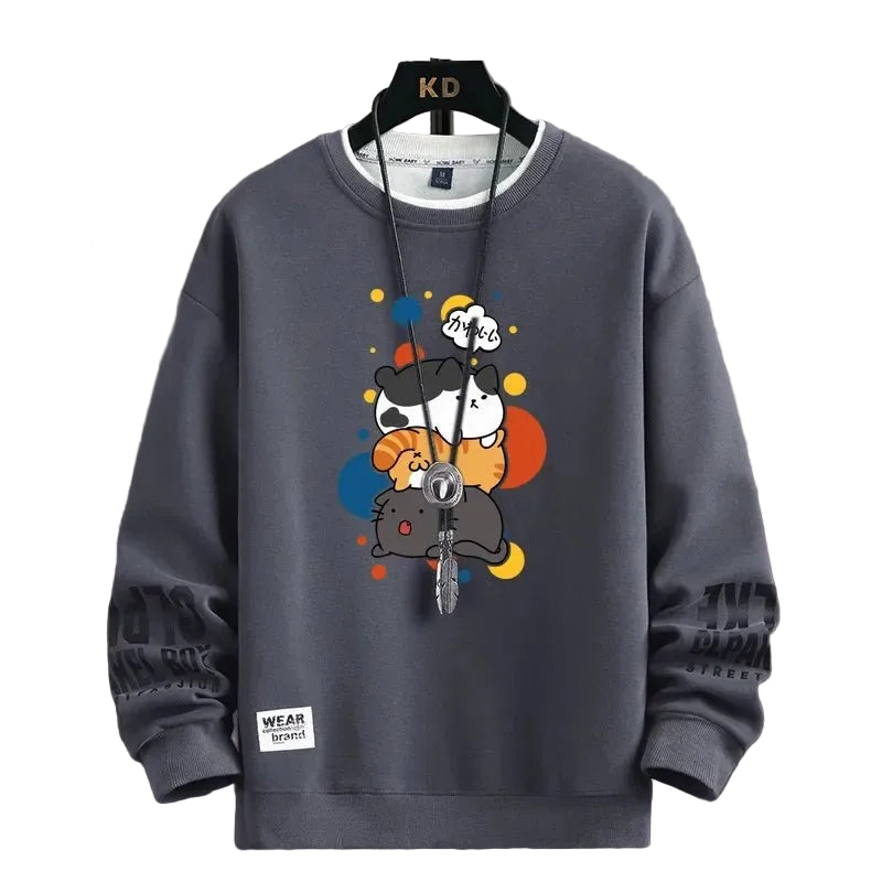 Kawaii Cat Sweater Men – Japanese Cartoon Print Pullover - CasualFlowshop