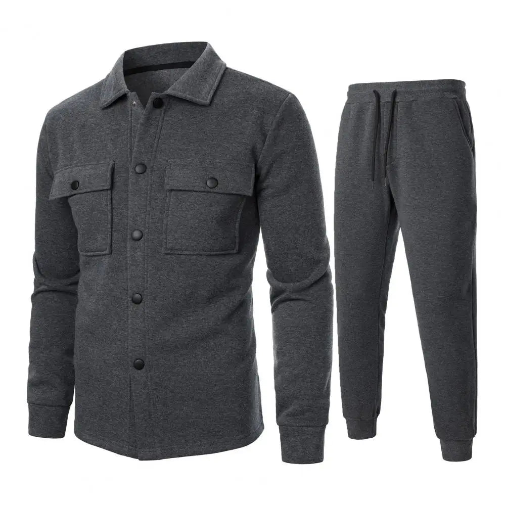 Men's 2-Piece Casual Sports Suit – Grey Lapel Jacket & Drawstring Pants Set