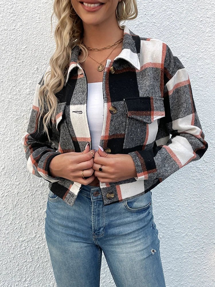 Women's Slim Wool Plaid Coat - Close-up of the plaid pattern on a wool coat