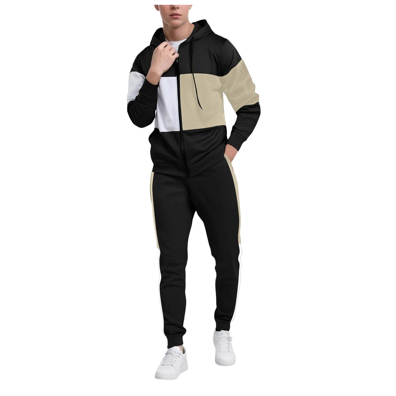 Men’s plus size two-piece tracksuit set in navy and beige color block design