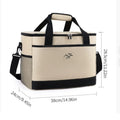 Beige and black cooler bag with dimensions displayed on a white background