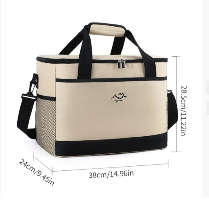 Beige and black cooler bag with dimensions displayed on a white background