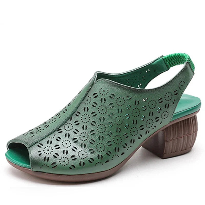 Women's green leather mid heel fish mouth sandals - summer comfort sandals