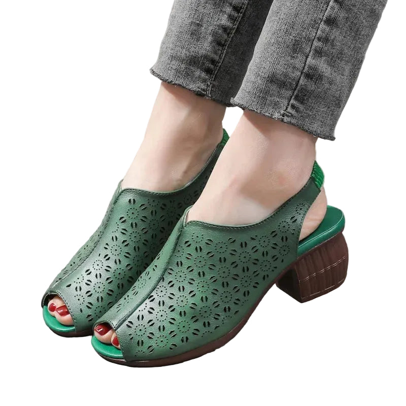 Women's green leather mid heel fish mouth sandals - summer comfort sandals