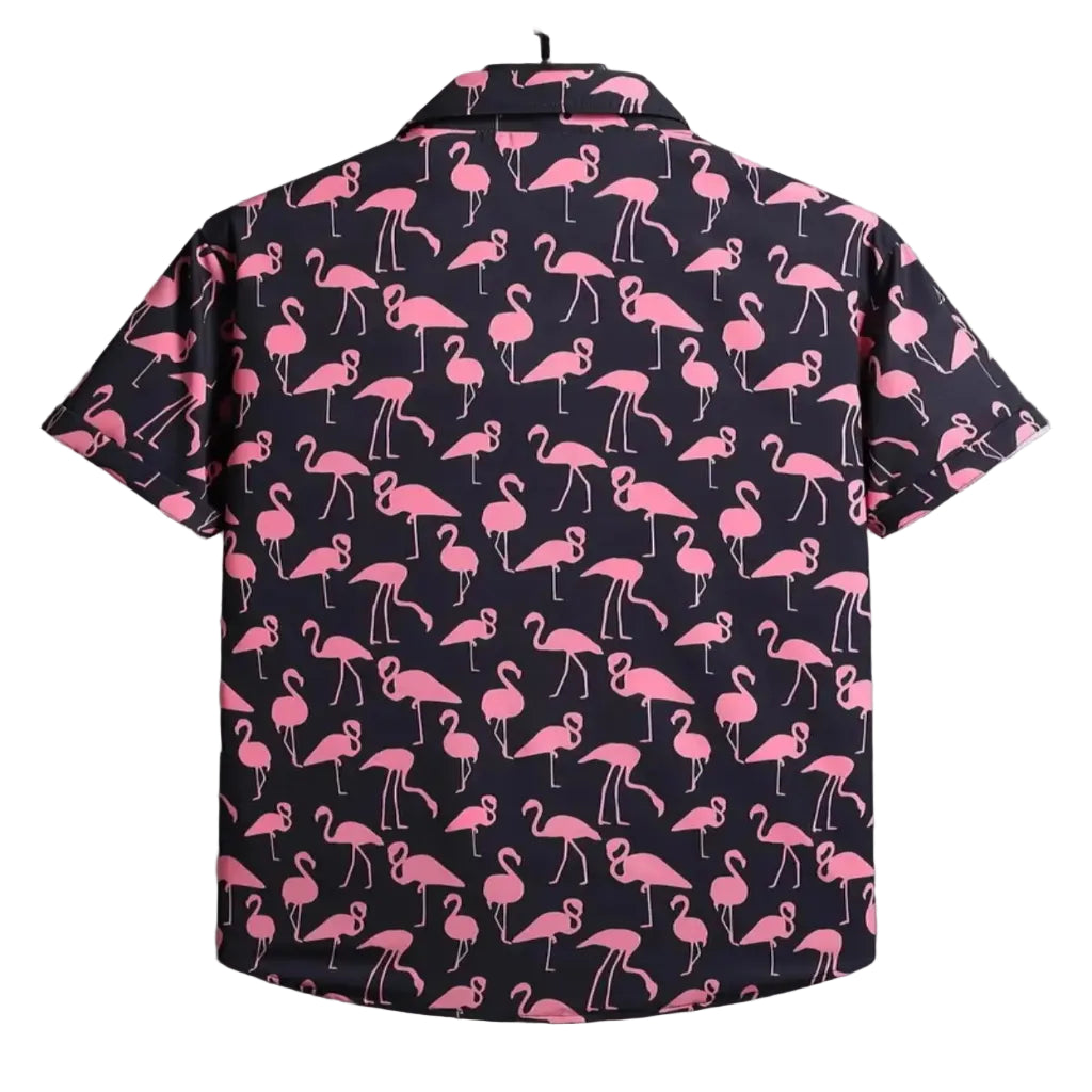 Men’s flamingo print short sleeve button-up shirt, lightweight casual summer shirt