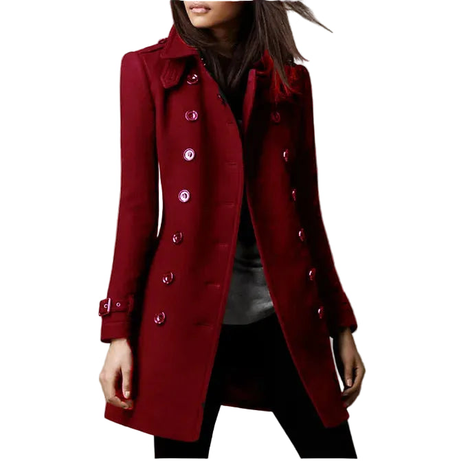 Red coat worn by a person on a beige background