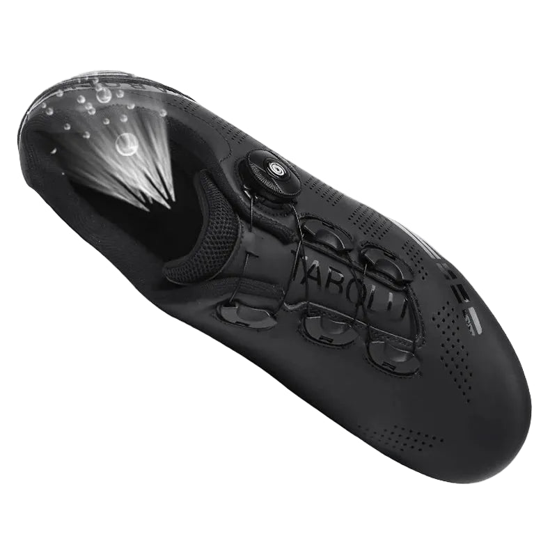 Black cycling shoe with text on a light gray background
