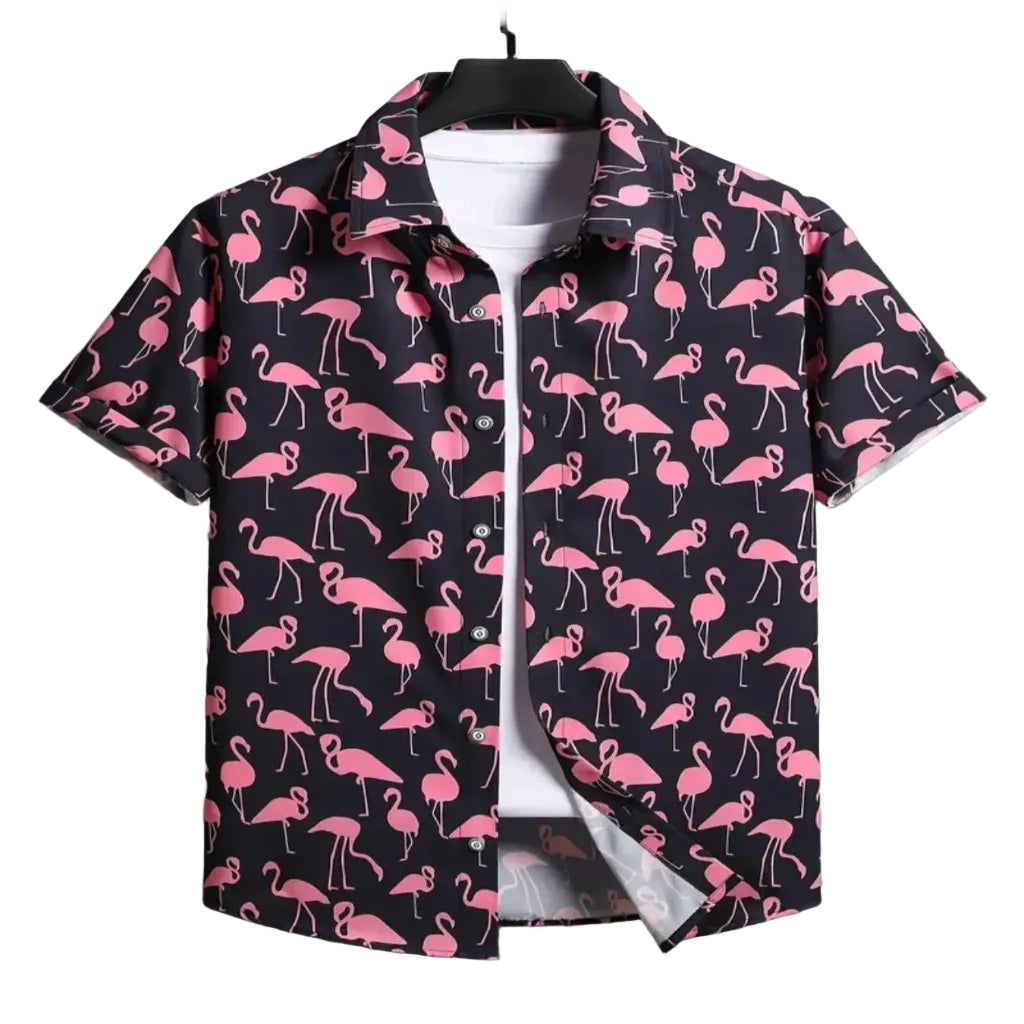 Men’s flamingo print short sleeve button-up shirt, lightweight casual summer shirt