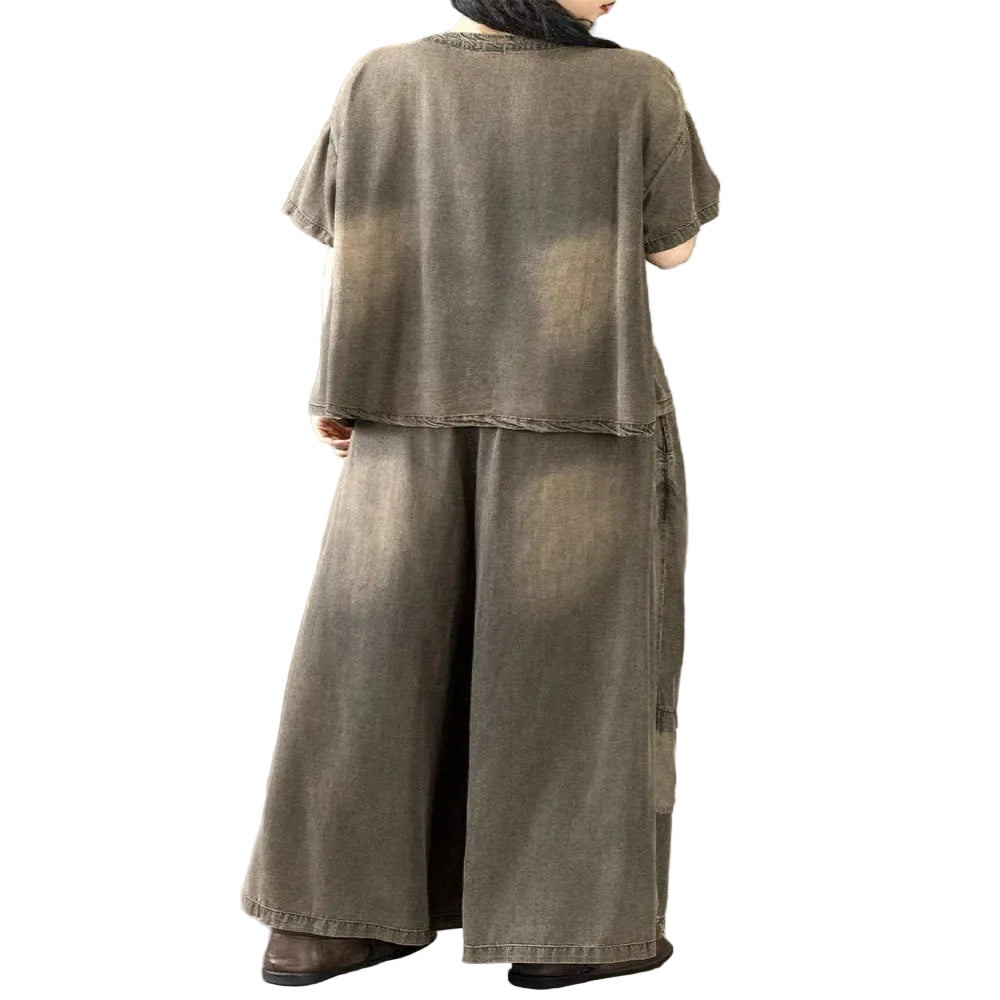 Vintage Two-Piece Set in Black – Relaxed O-Neck Top & Wide Leg Jeans for Women