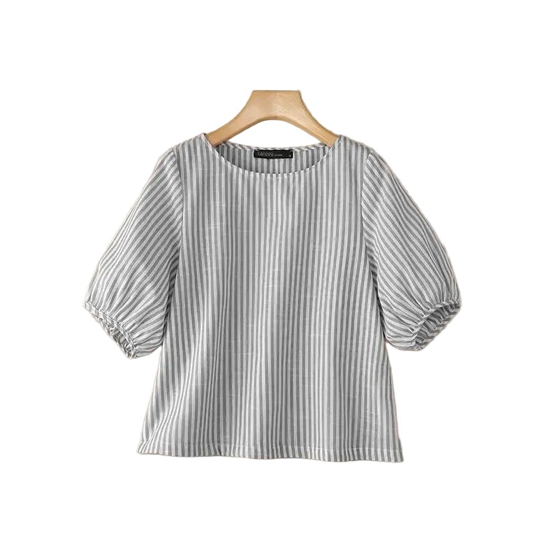 Women's blue striped O-neck short sleeve blouse on hanger – casual summer top