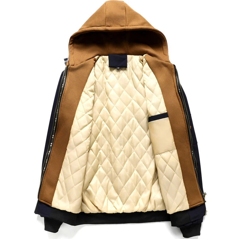 Men's winter parka opened to show cream diamond-quilted lining and an inside pocket.