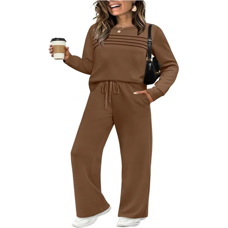 Woman wearing a brown matching set with a white background