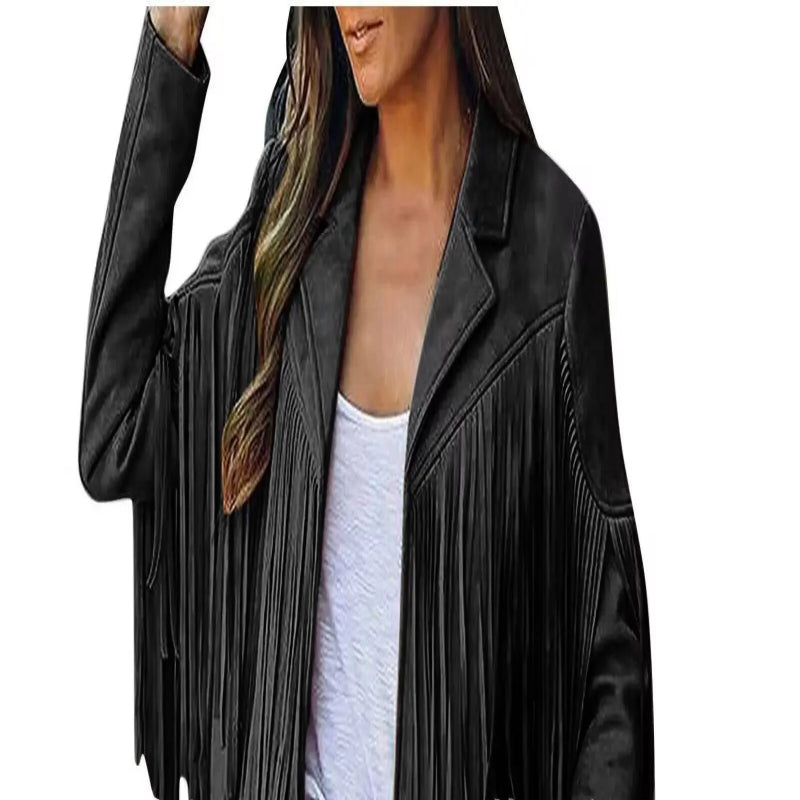 Black fringe jacket worn by a person on a white background