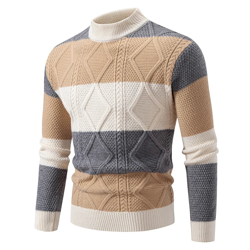 Men's khaki, grey and white patchwork cable knit mock neck sweater
