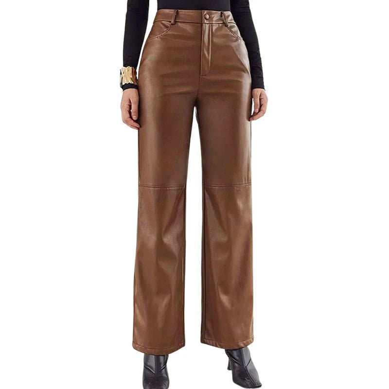 Stylish Vegan Leather Wide Leg Pants – High-waisted, trendy, and comfortable faux leather trousers for a chic look.