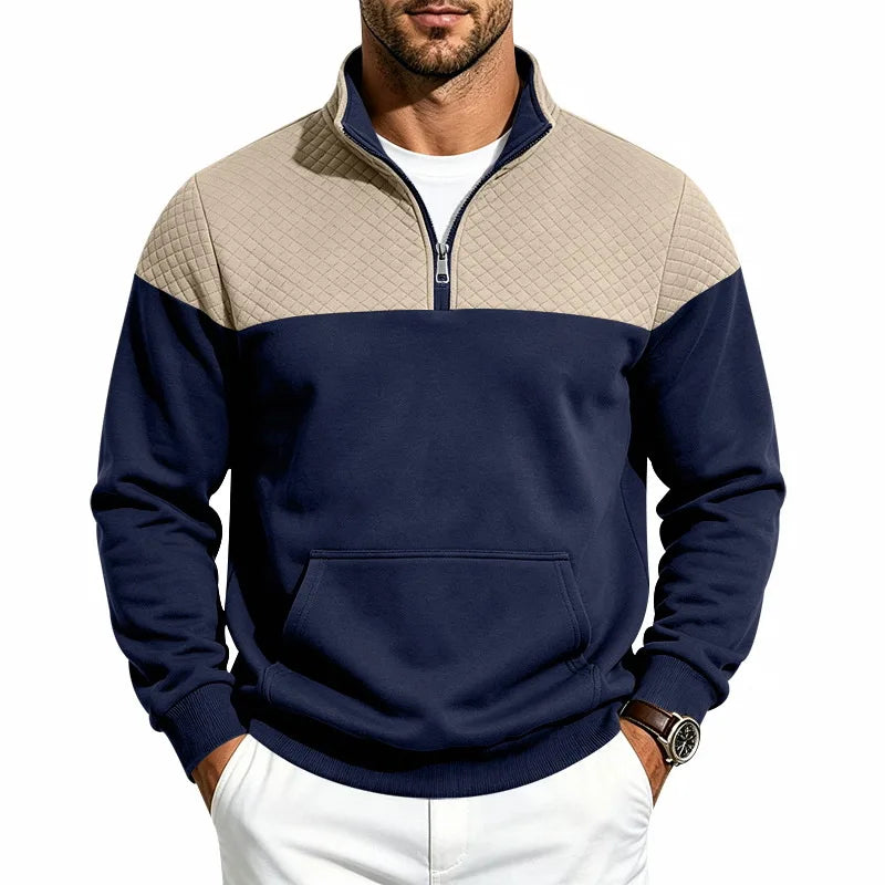 Men’s colorblock quilted-texture half-zip sweatshirt with stand collar and kangaroo pocket